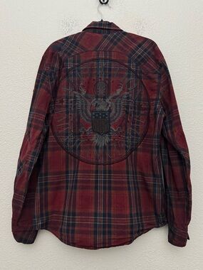 Affliction Black Premium Slim Fit Plaid Snap Front Shirt Embroidered Skull XL